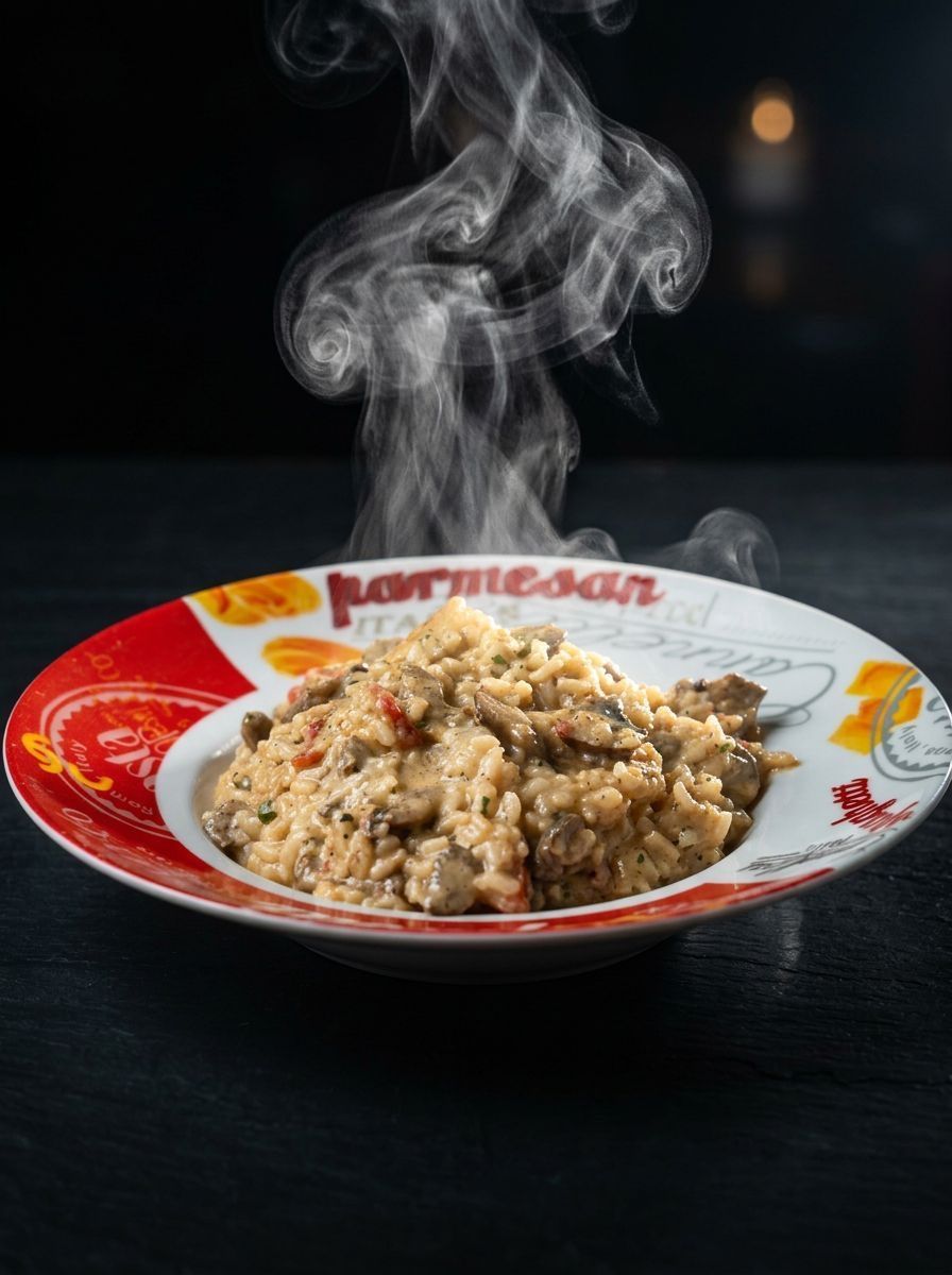 Steaming pasta on a red-and-white plate against a dark background