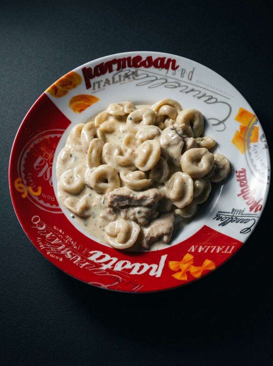 Plate of creamy tortellini in white sauce on a red-and-white branded dish