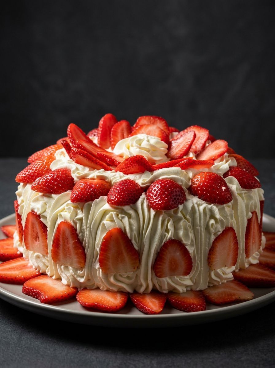 Strawberry-topped layered cake with cream frosting on a plate, shot against a dark background