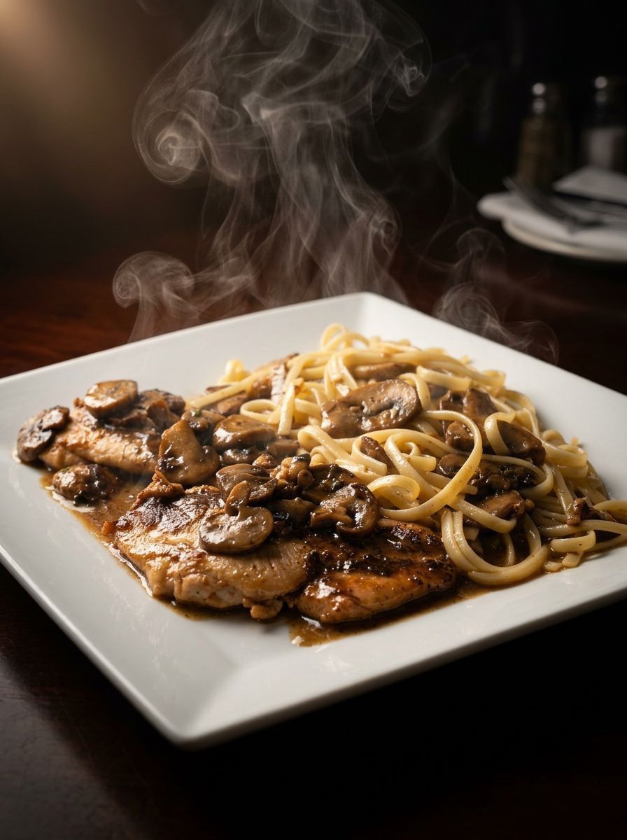 Steaming pasta with mushrooms and sauce on a white square plate in a dimly lit restaurant setting