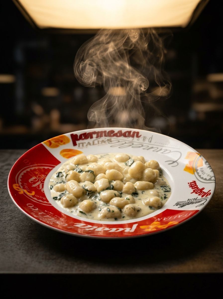 Bowl of gnocchi in creamy sauce on a patterned red-and-white plate, steaming on a dark table.