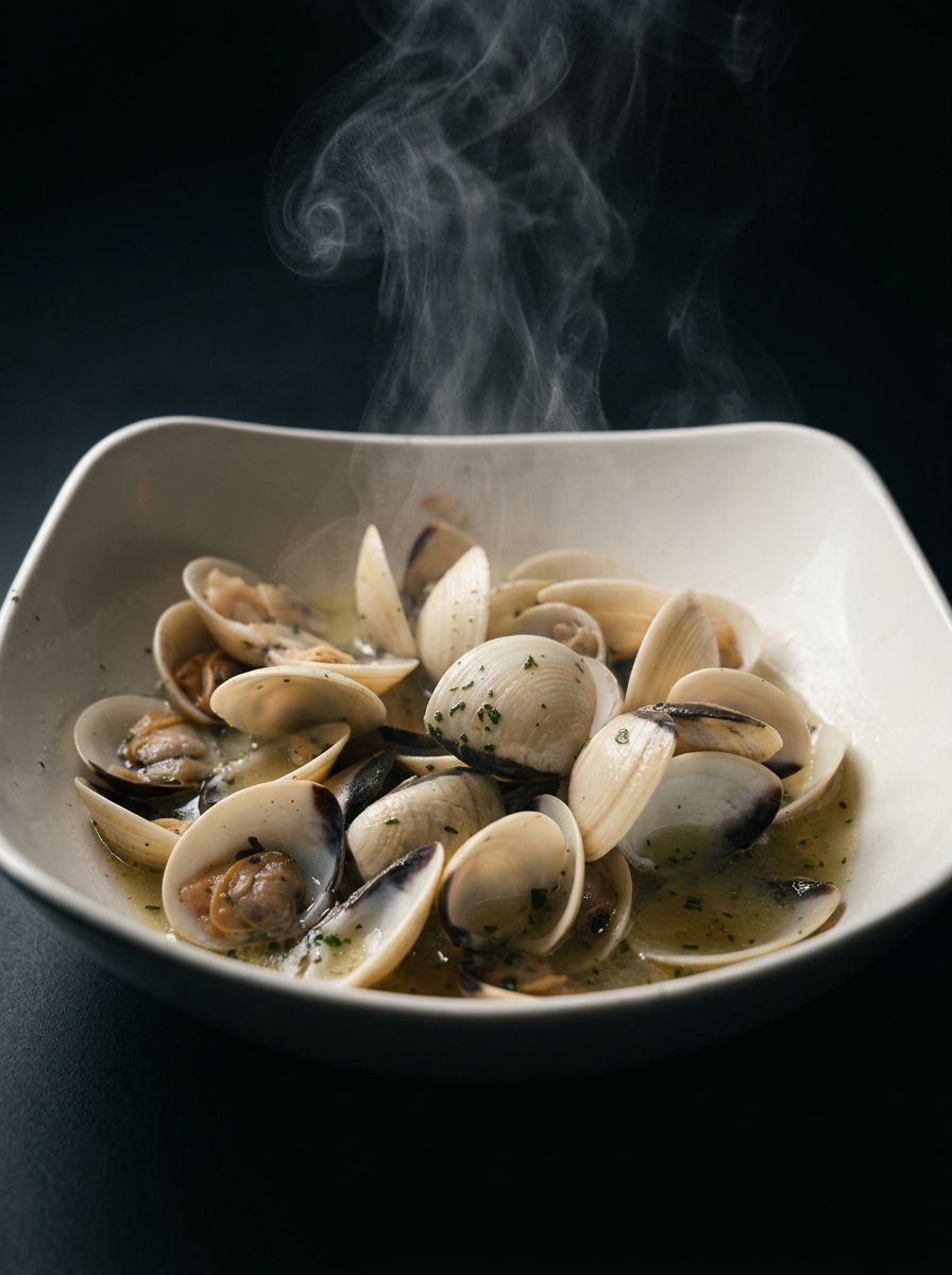 Steaming clams in a white bowl, garnished with herbs in a dark setting