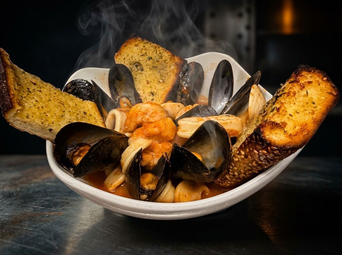 Steam rising from a bowl of mussels and toasted bread in a dark setting