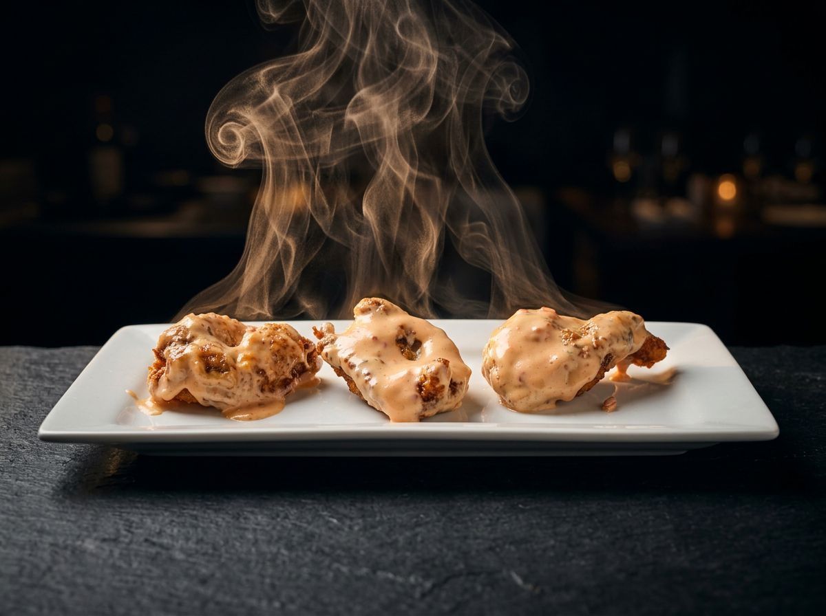 Steaming chicken wings on a white plate against a dark background