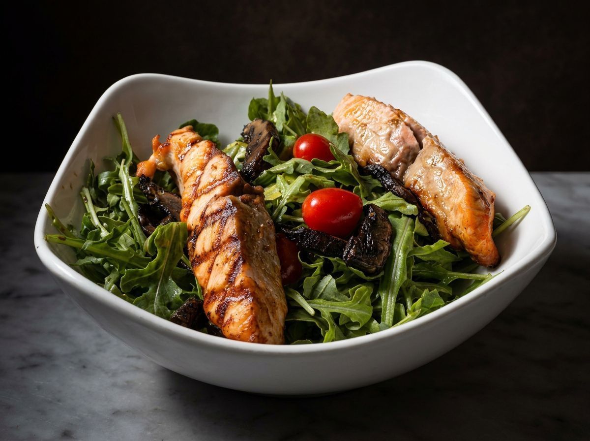 Grilled chicken salad with arugula, cherry tomatoes, and greens in a white bowl