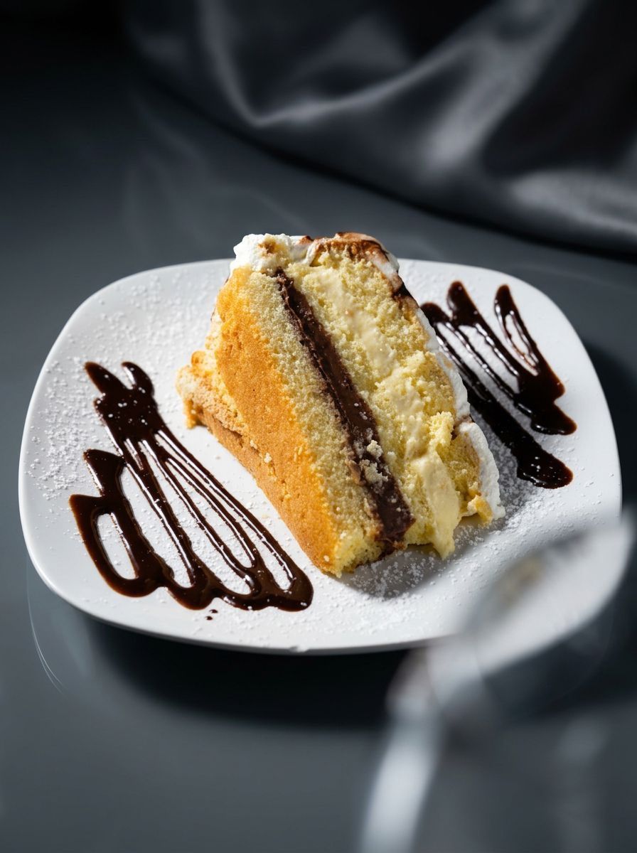 Slice of layered cake on a white plate, drizzled with chocolate sauce on a dark background