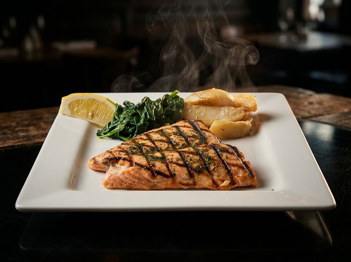 Grilled salmon with lemon, greens, and potatoes on a white plate in a dimly lit restaurant