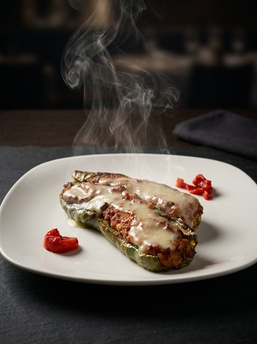 Steaming plated dish with creamy sauce and red garnish on a dark table