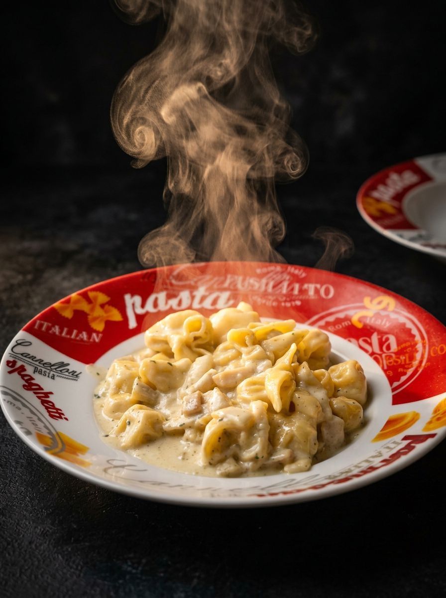 Creamy pasta in a red-and-white plate, with steam rising against a dark background
