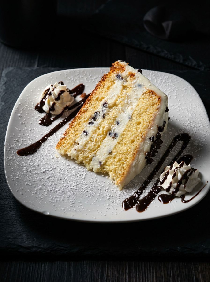 Slice of vanilla cake with chocolate drizzle and whipped cream on a white plate, dusted with powdered sugar