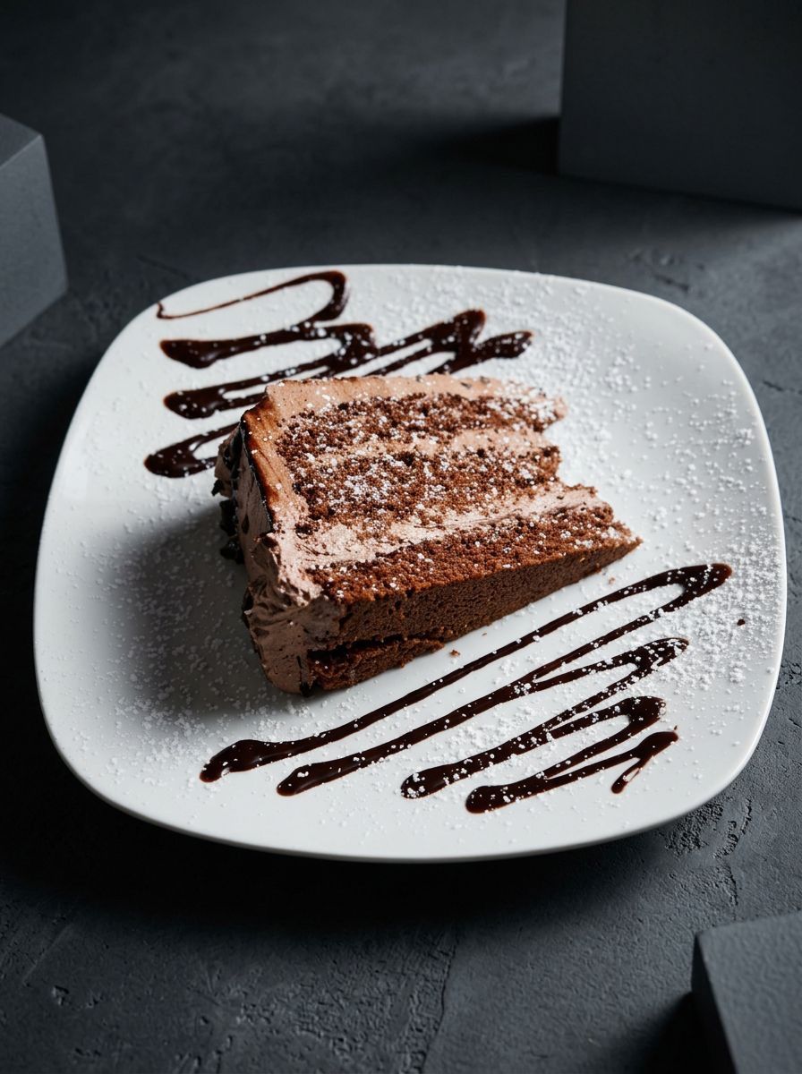 Chocolate cake slice on a white plate, dusted with powdered sugar and drizzled with chocolate sauce