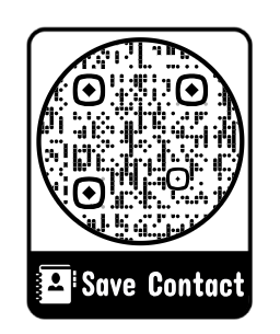 Black-and-white QR code graphic labeled “Save Contact” at the bottom.
