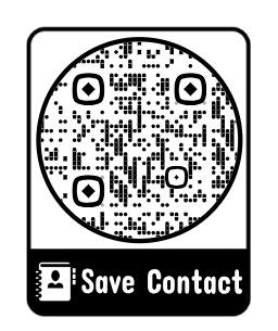 Black-and-white QR code with “Save Contact” text and contact icon below