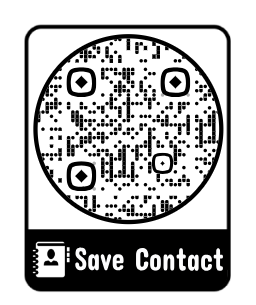 Black-and-white QR code with “Save Contact” label and contact icon beneath it