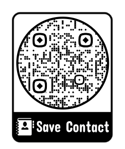 Black-and-white QR code with “Save Contact” label at the bottom and contact icon