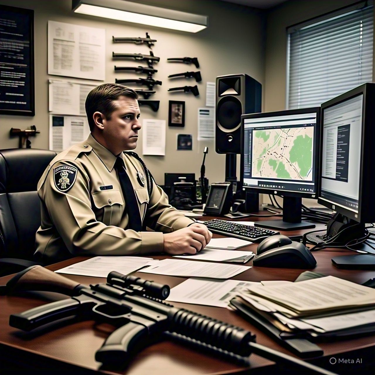 Police officer at a desk with firearms, radios, and computer monitors in a tactical office.