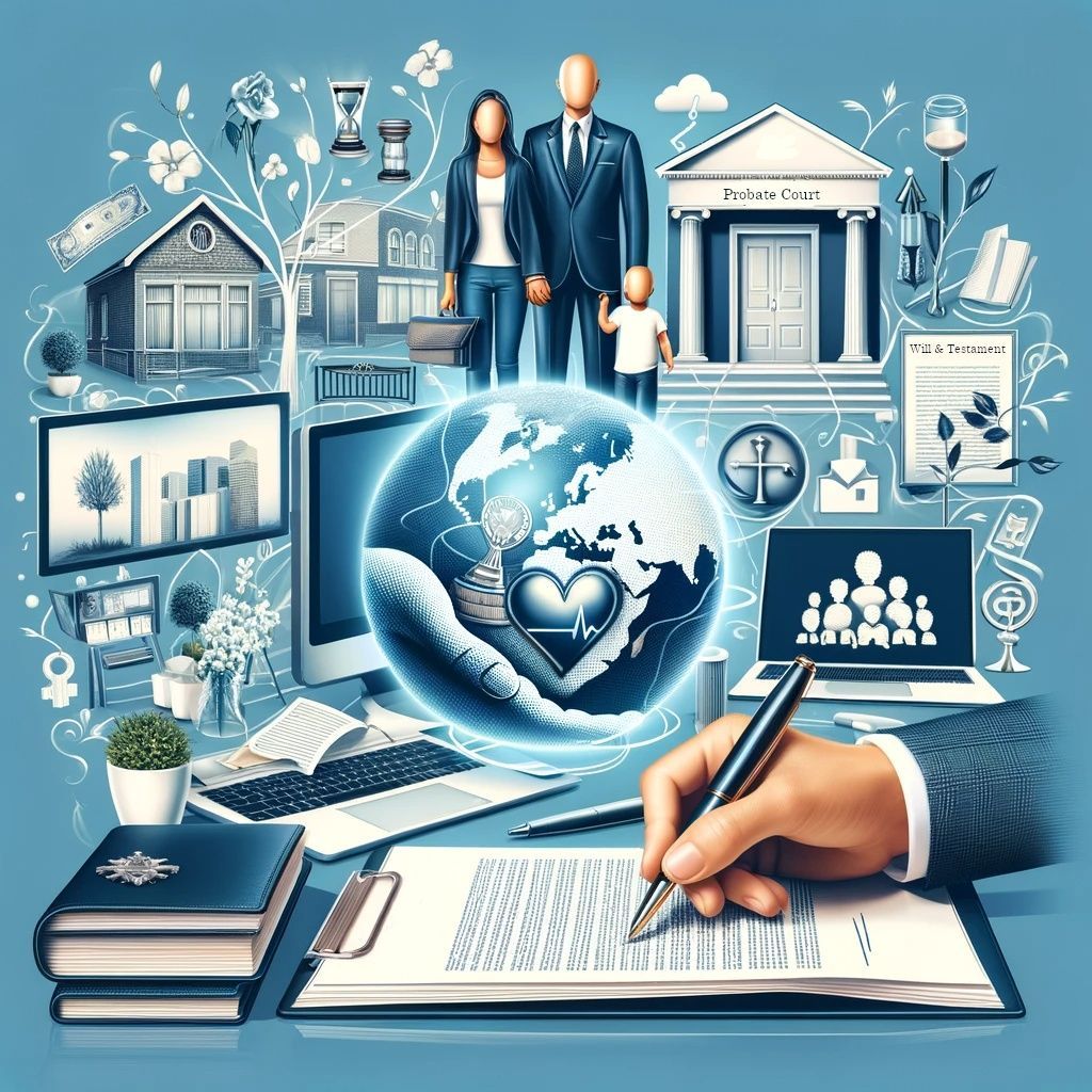 Healthcare-themed illustration with globe, family, hospital icons, and a hand writing on a document