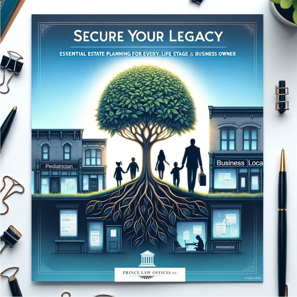 “Secure Your Legacy” poster with family silhouette, house roots, and neighborhood storefronts in blue tones