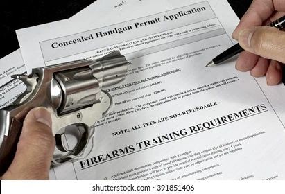Handgun permit application beside a revolver and pen, with firearms training requirements visible