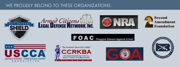 Banner of organization logos on a light blue background, including USCCA, NRA, GOA, and Second Amendment Foundation