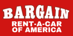 Logo of Bargain Rent-A-Car of America; white text on red background.