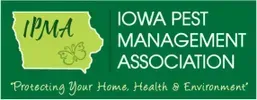 Logo for Iowa Pest Management Association. Green text on a green background. Iowa outline with a bug graphic.