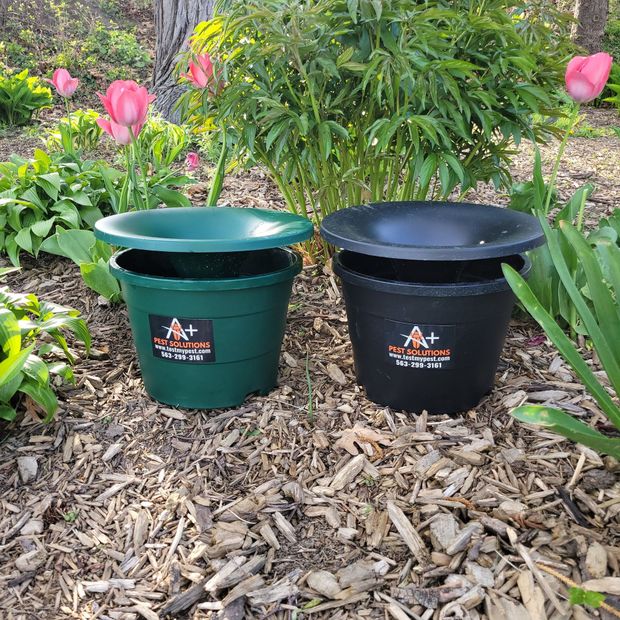 Two green and black outdoor trash cans with wide rims in a garden setting.