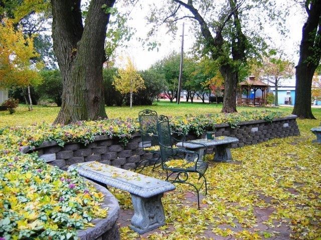 A park with tables and benches covered in leaves