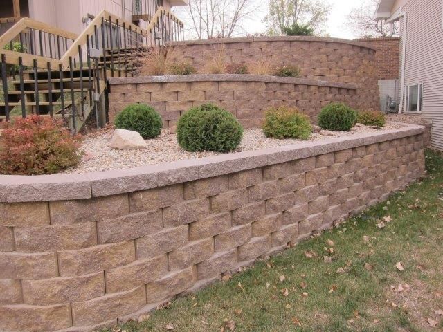 A brick wall with plants growing on it in front of a house.