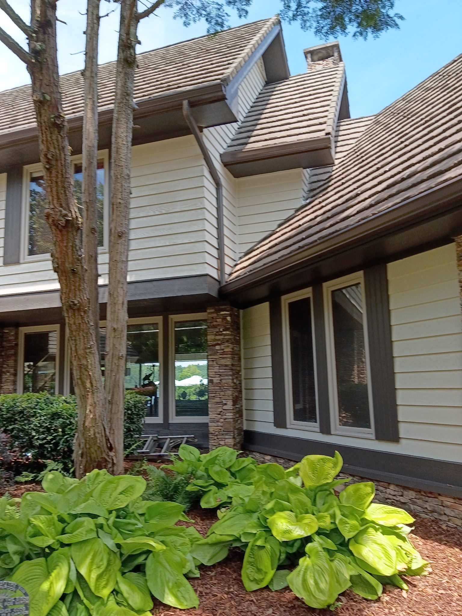 Two-story house exterior with tan siding, brown roof, trees, and lush green plants in front yard