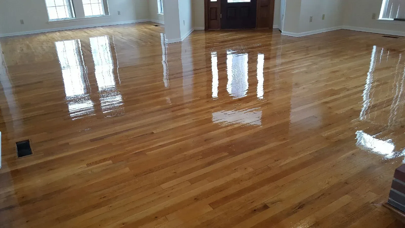 Shiny, newly finished hardwood floor reflecting light from windows and a doorway.
