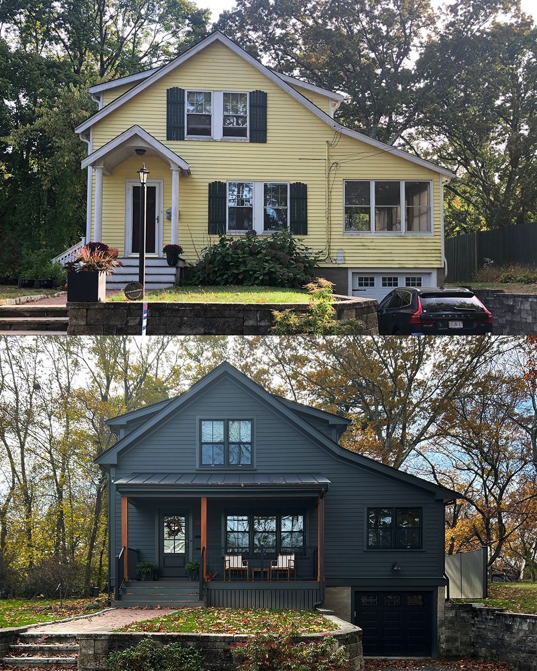 a before and after photo of a yellow house and a gray house .