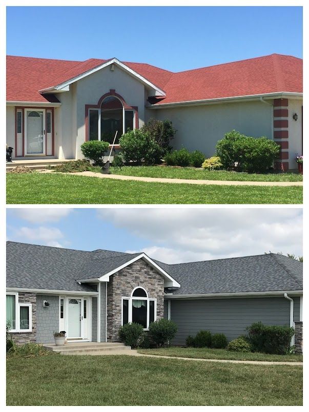 A before and after picture of a house with a red roof