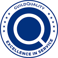 A blue and white seal that says guild quality excellence in service