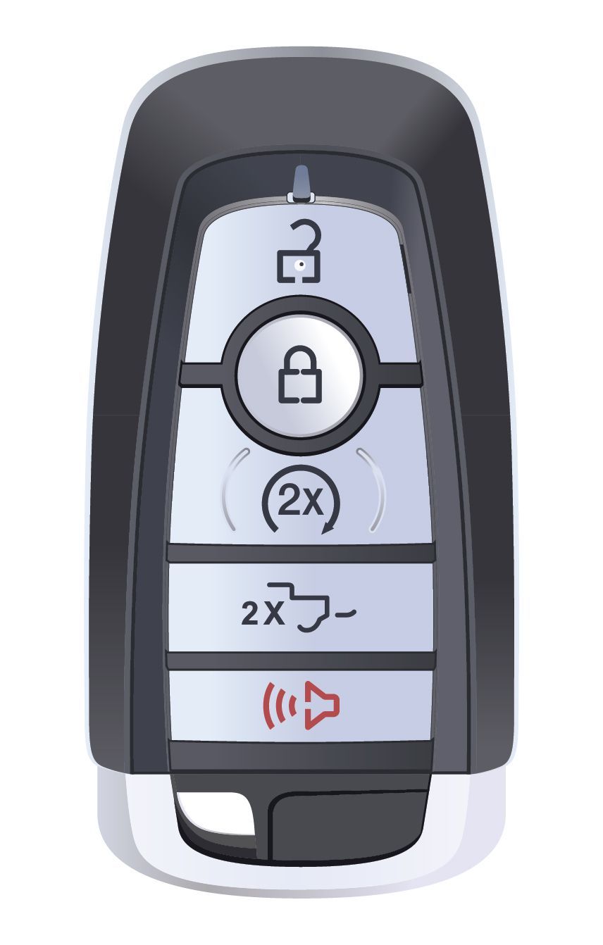 A close up of a car key fob on a white background.