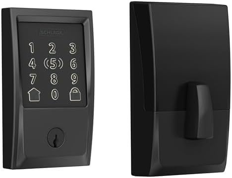 A black door lock with a digital keypad on it.