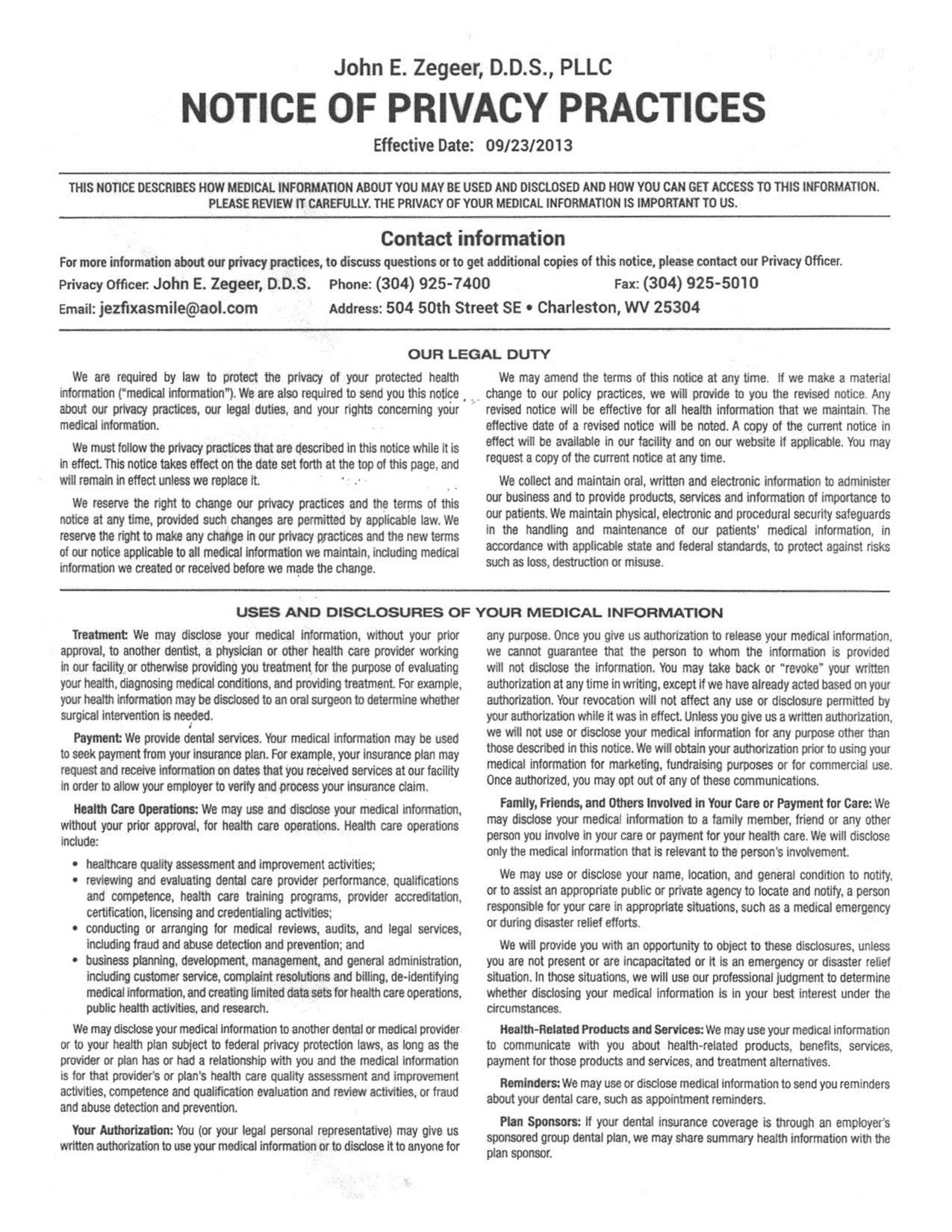 Notice of privacy practices page 1