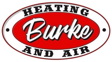 Heating and Air Burko logo in red, black, and white oval design