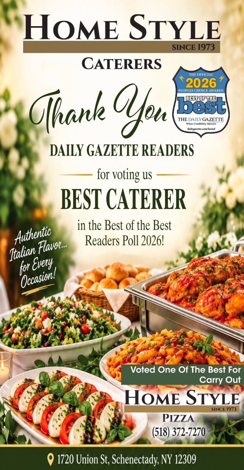 Home Style Caterers ad with “Thank You” text, 2026 Best Caterer badge, and trays of catered food