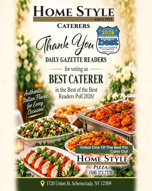 Home Style Caterers ad with Thanksgiving buffet dishes and award badges, in warm fall colors