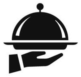 Black serving cloche on a tray held by a hand icon