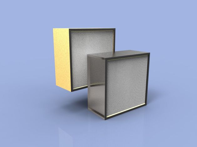Two rectangular air filters, one yellow and one gray, shown on a blue background