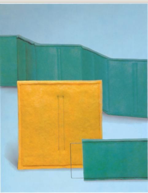 Abstract geometric shapes in teal and yellow overlapping on a pale blue background.