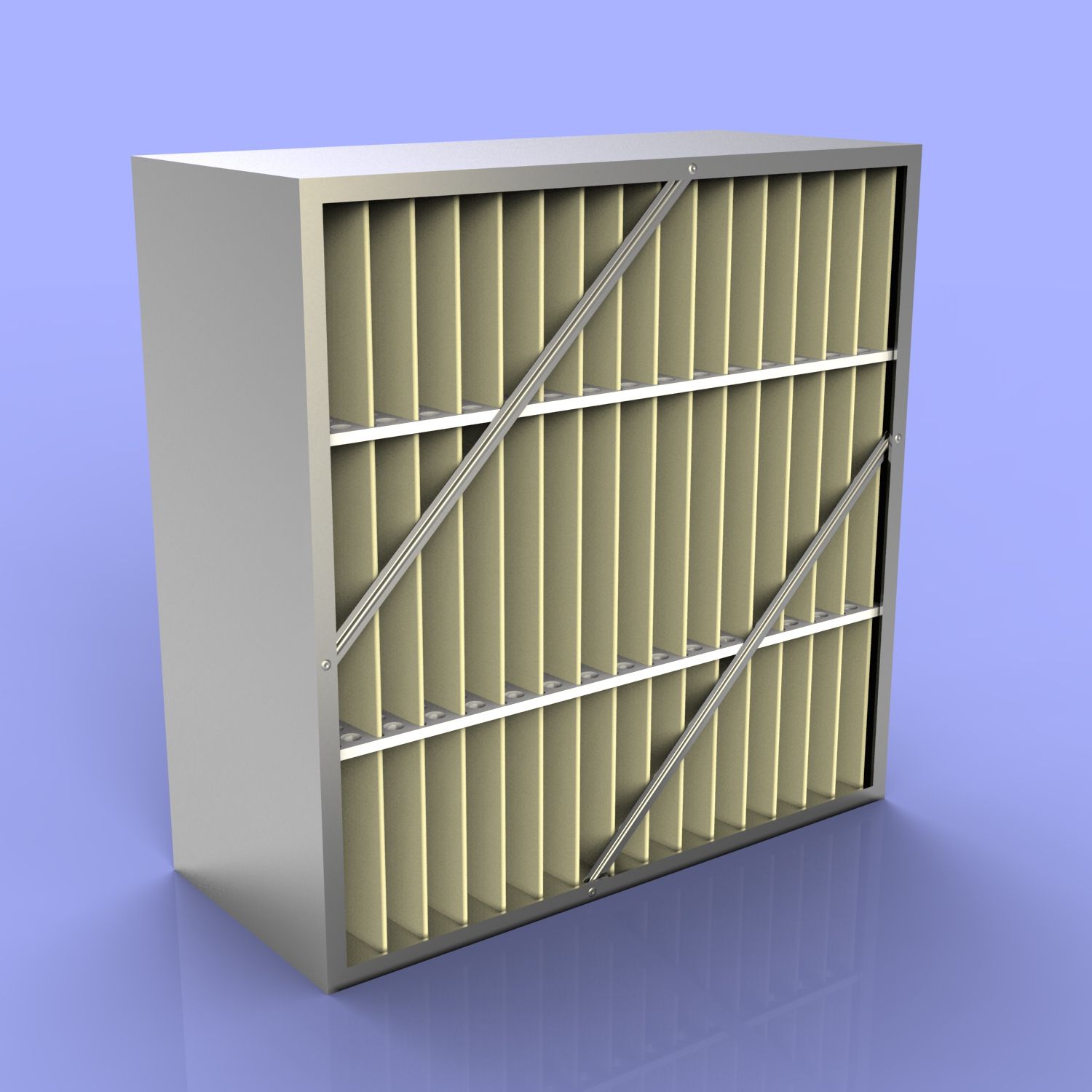 3D rendering of a beige HVAC air filter with diagonal support rods on a blue background