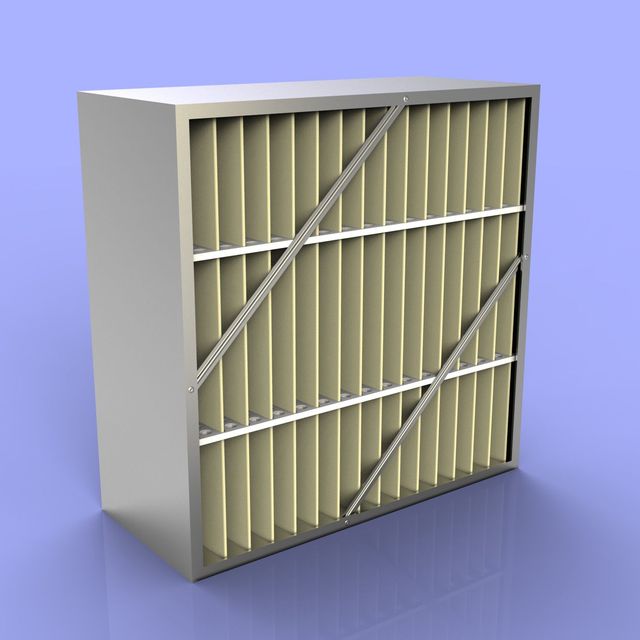 Beige HVAC air filter with pleated panels and diagonal wire supports on a blue background