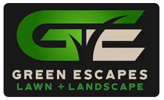 Green and beige “Green Escapes Lawn + Landscape” logo on a black background