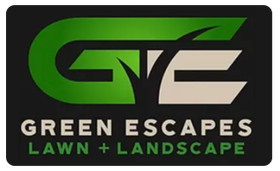 Green and beige “Green Escapes Lawn + Landscape” logo on a black background