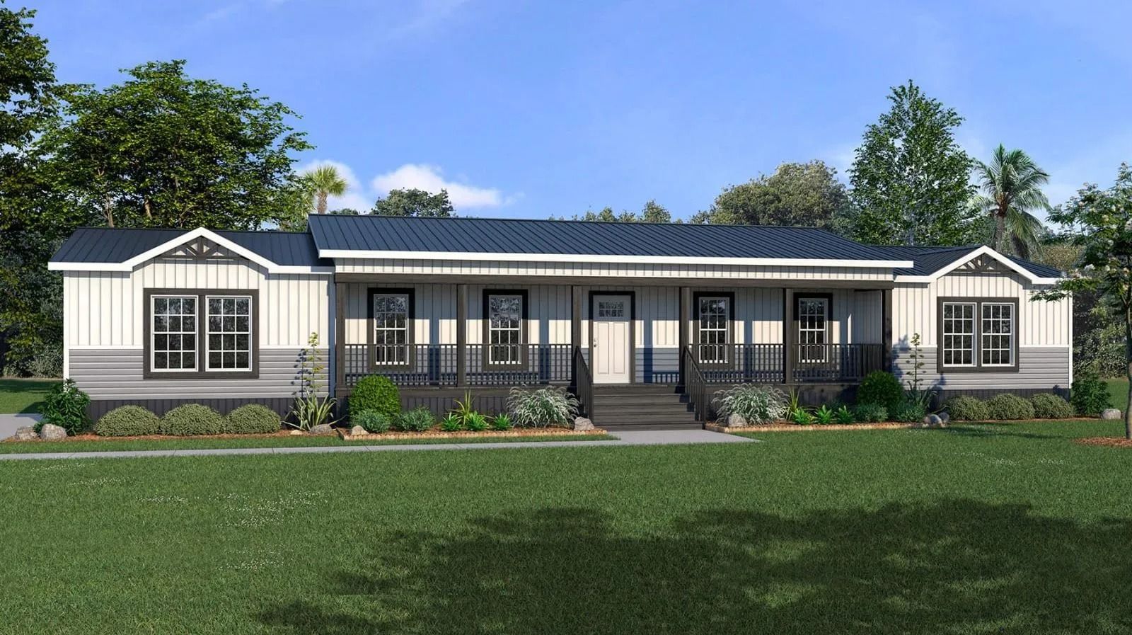 Exterior of a light and dark gray modular home with a front porch and blue roof, set in a grassy yard.