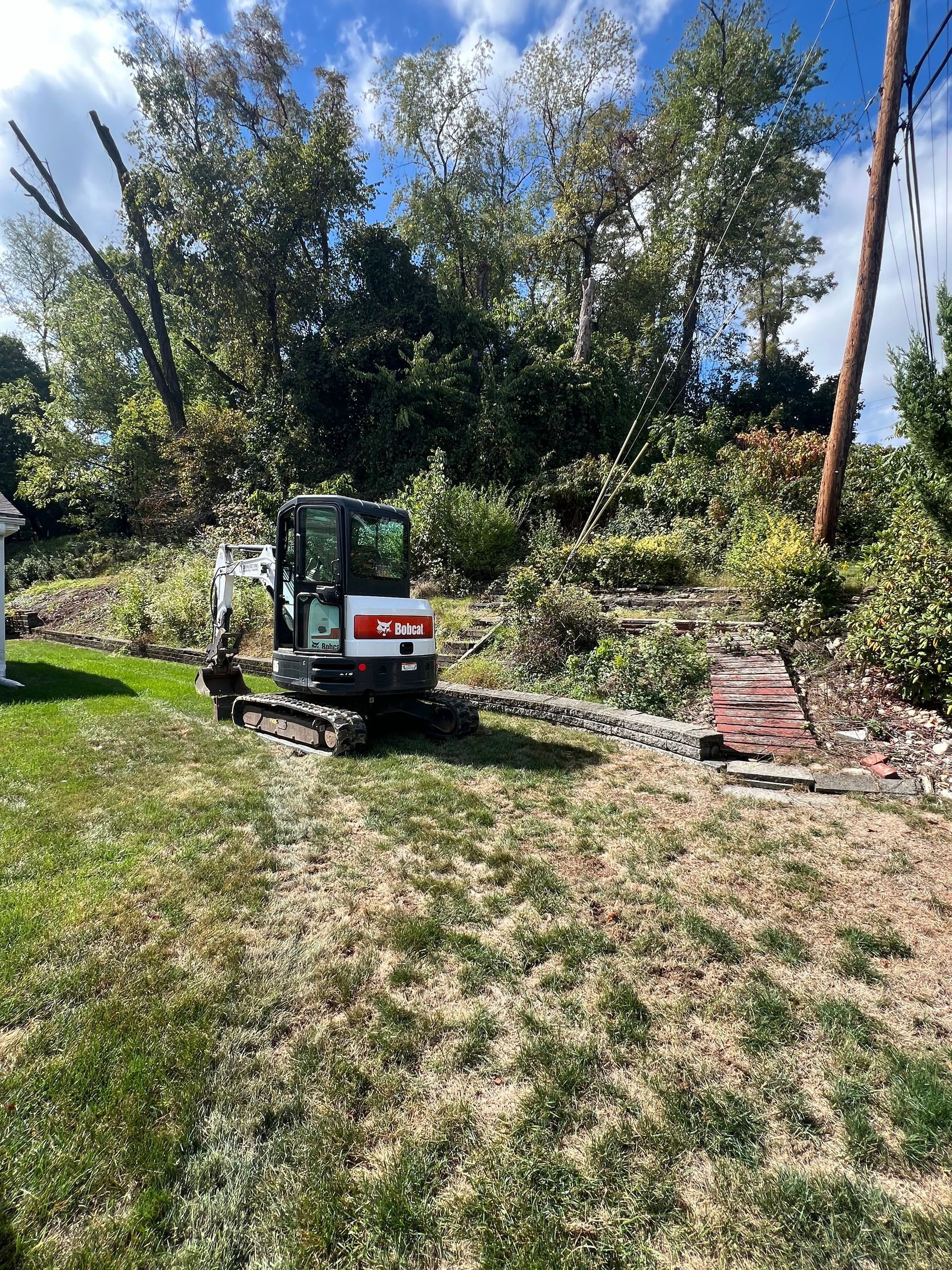 A small excavator is sitting in the grass in a yard.