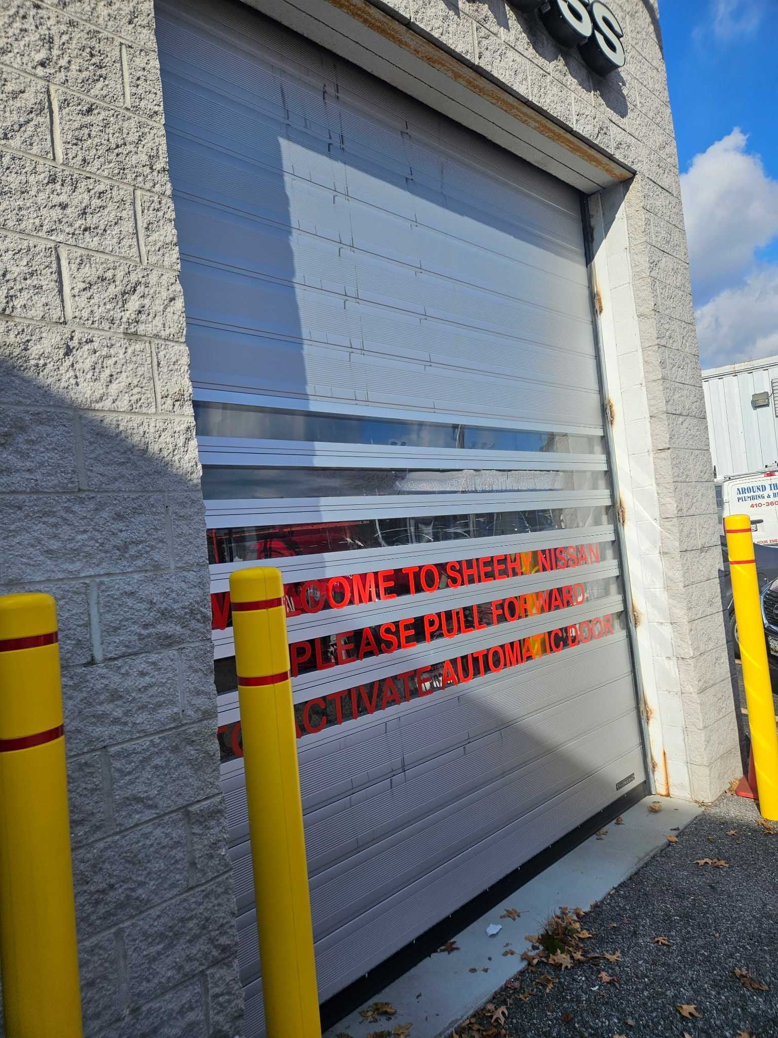 Silver and red industrial door with